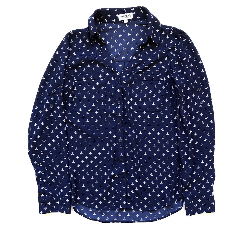 Express Portofino Women’s Long Sleeve Roll Tab Button Front Blue Nautical Size S